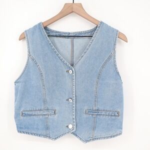 Imily Bela Vest Womens Large Light Blue Denim Cotton Front Button V-Neck Pockets